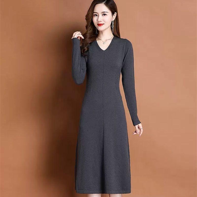 Knitted Dress Women Autumn Temperament V Neck Dress Spring and Autumn Solid Long Sleeve Sweater Long Dress Pullover Female