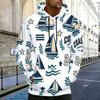 Men Plus Size White Sailboat Printed Long Sleeve Drawstring Hoodie Kangaroo Pocket Pullover