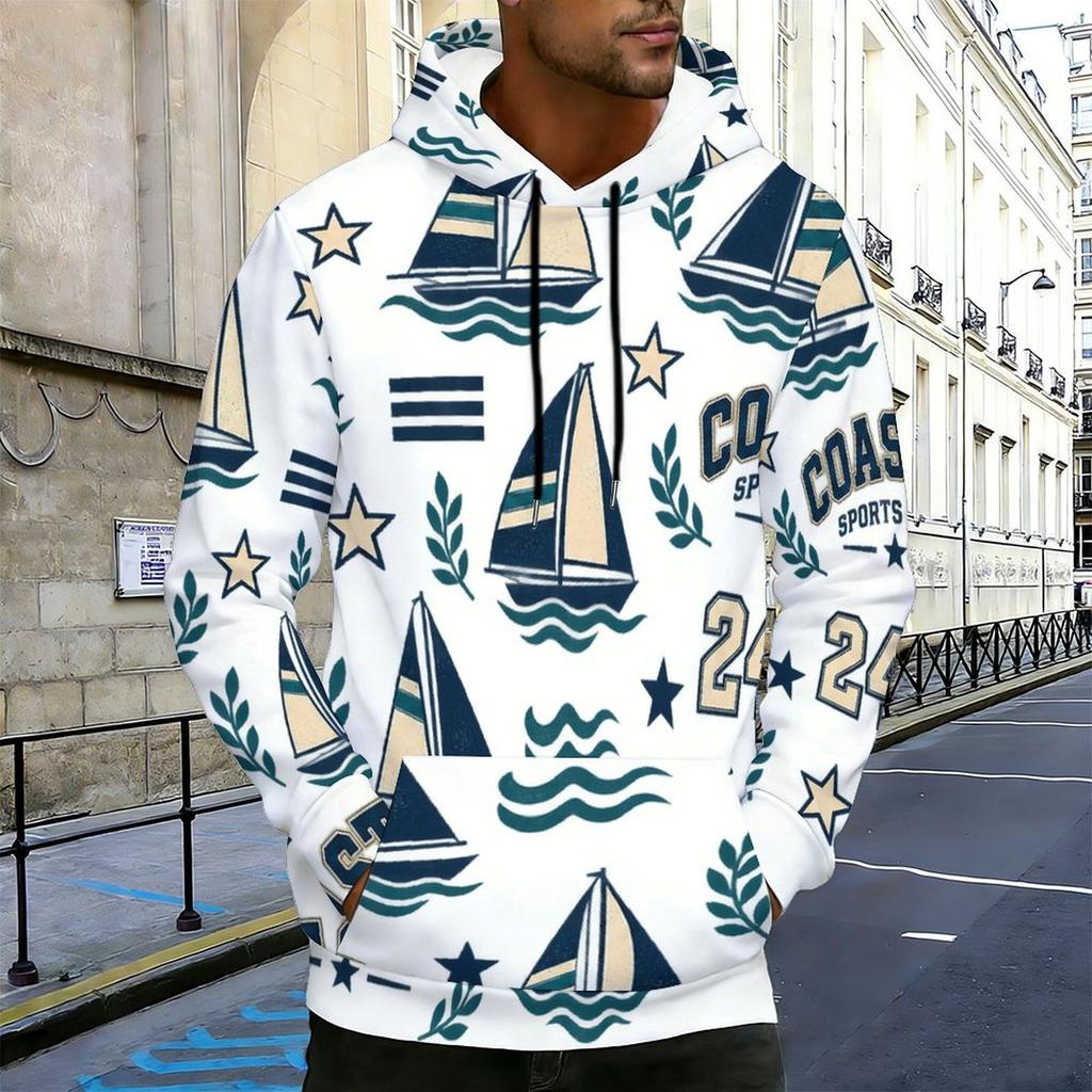 Men Plus Size White Sailboat Printed Long Sleeve Drawstring Hoodie Kangaroo Pocket Pullover