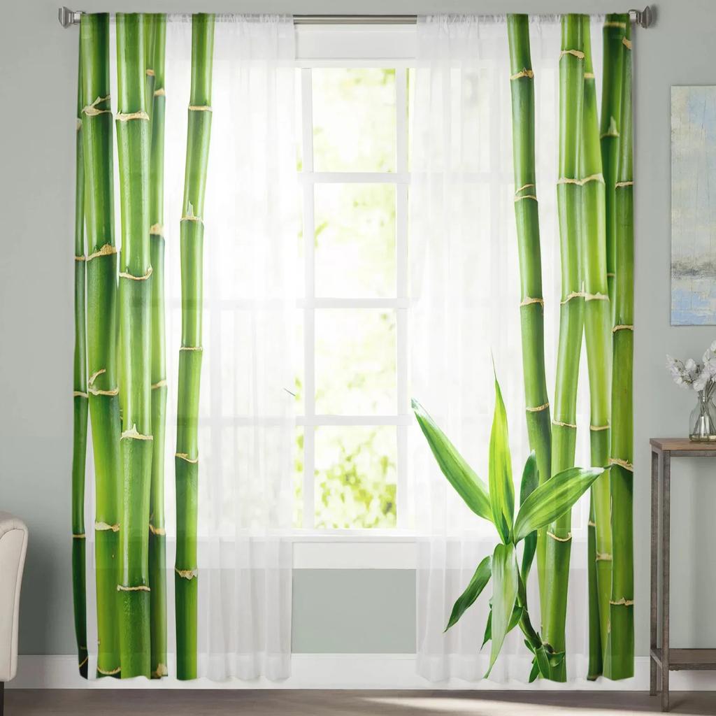 Grüne Bambus Zen Pflanze Weiße Tüll Vorhänge für Wohnzimmerdekoration Fenster Vorhang für Schlafzimmer Voile Organza Drapierungen