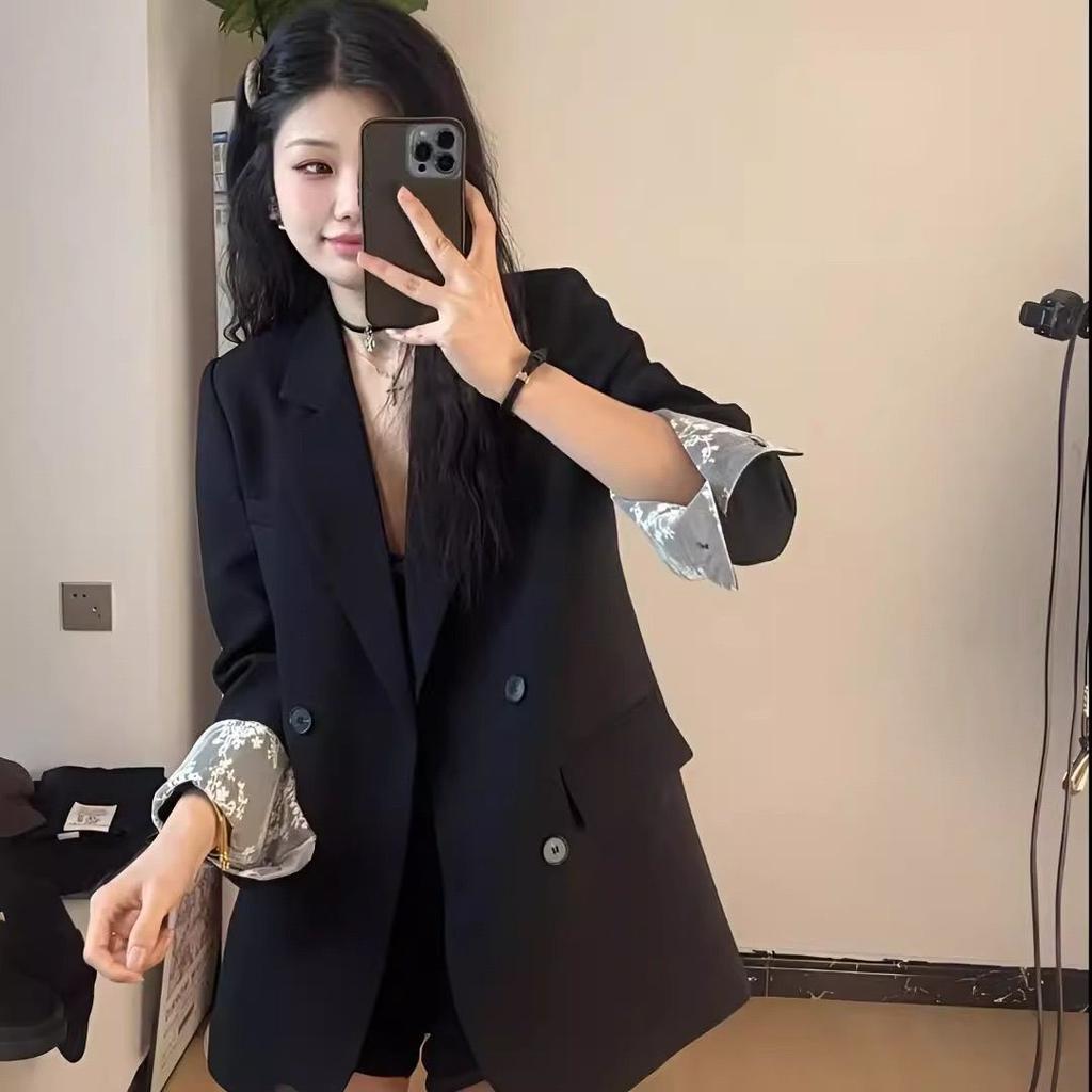 Loose Blazer with Lace Trim Double Breasted Casual Suit Jacket for Women