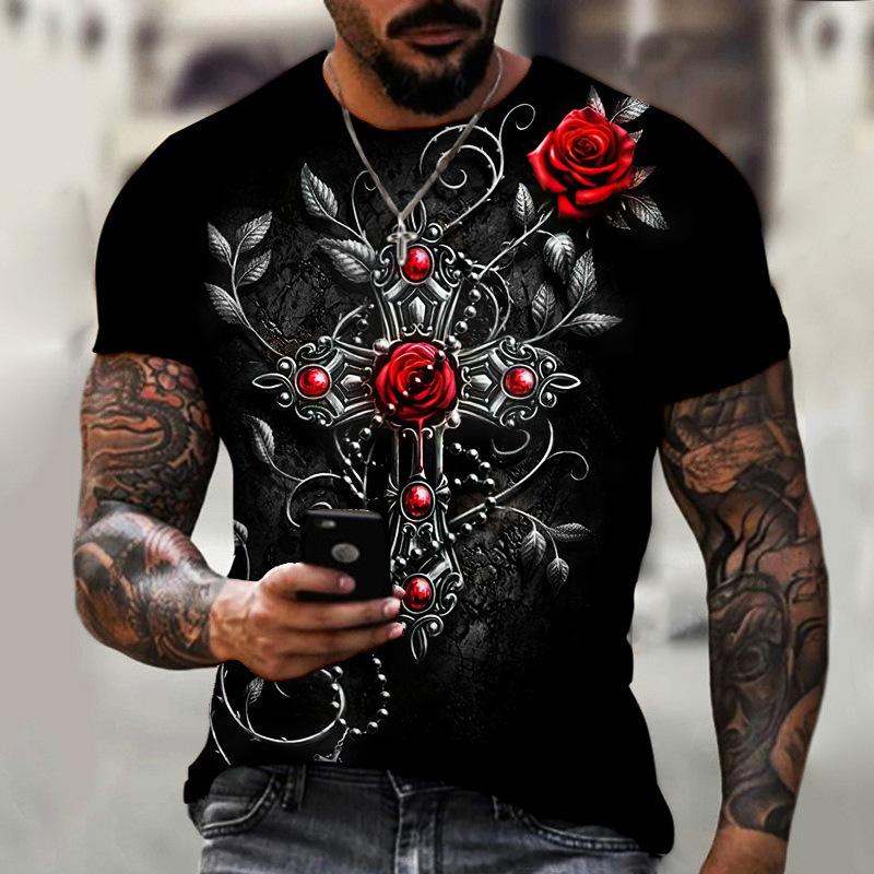 Men's Printed Color Cross 3D Short Sleeved T-shirt Summer Casual Sportswear Shirt
