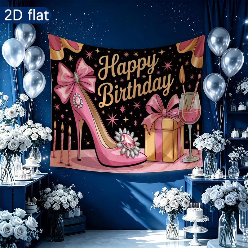 Party Banner Gifts Wine High Heel Birthday Backdrop, Polyester Wall Decor for Celebration & Photos