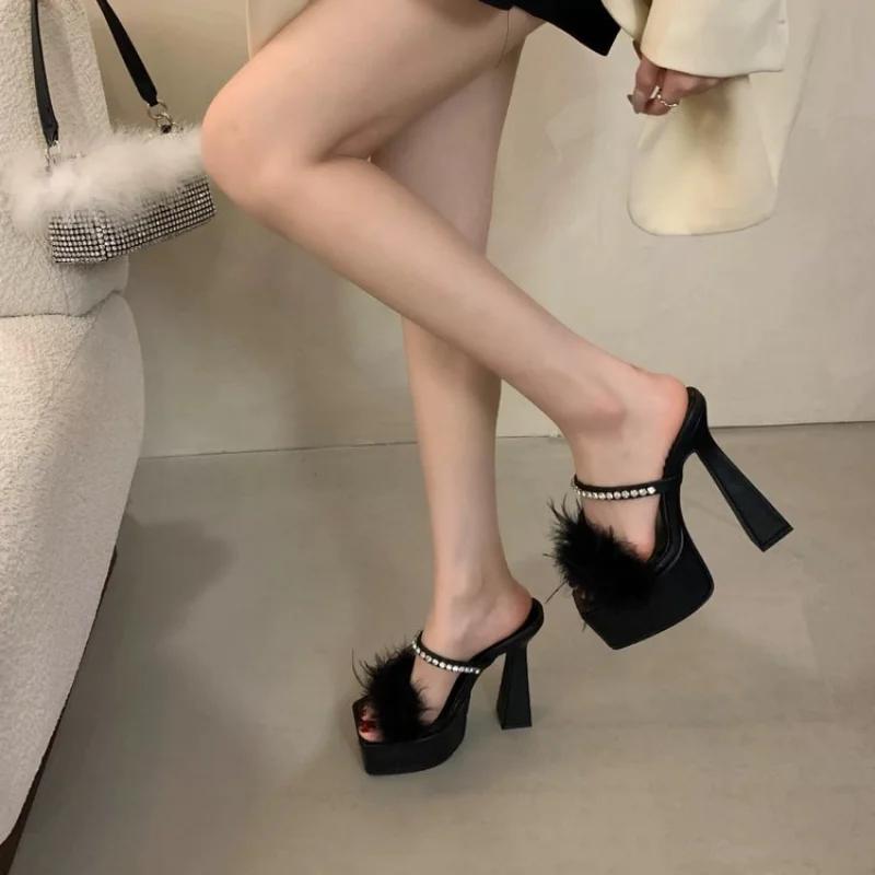 Fashion 2025 Summer 10cm High Heel Slippers Women New Style Thin Heel Platform Square Head Thick Bottom Black Hairy Sandals Shoes Women