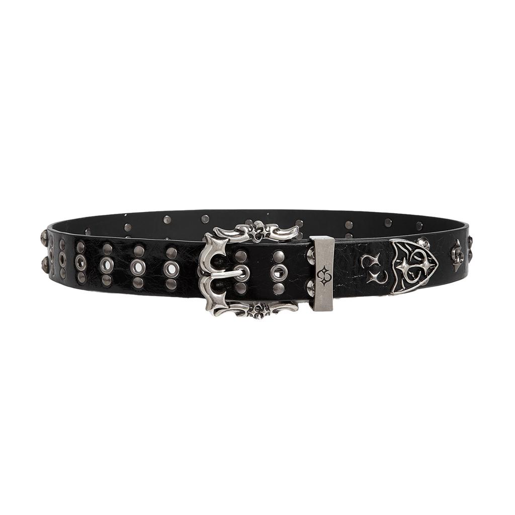 Women's Gothic Style Studded Belt Double Row Hole Adjustable Clasp Waist Band PU Leather Nonslip Design Fashion