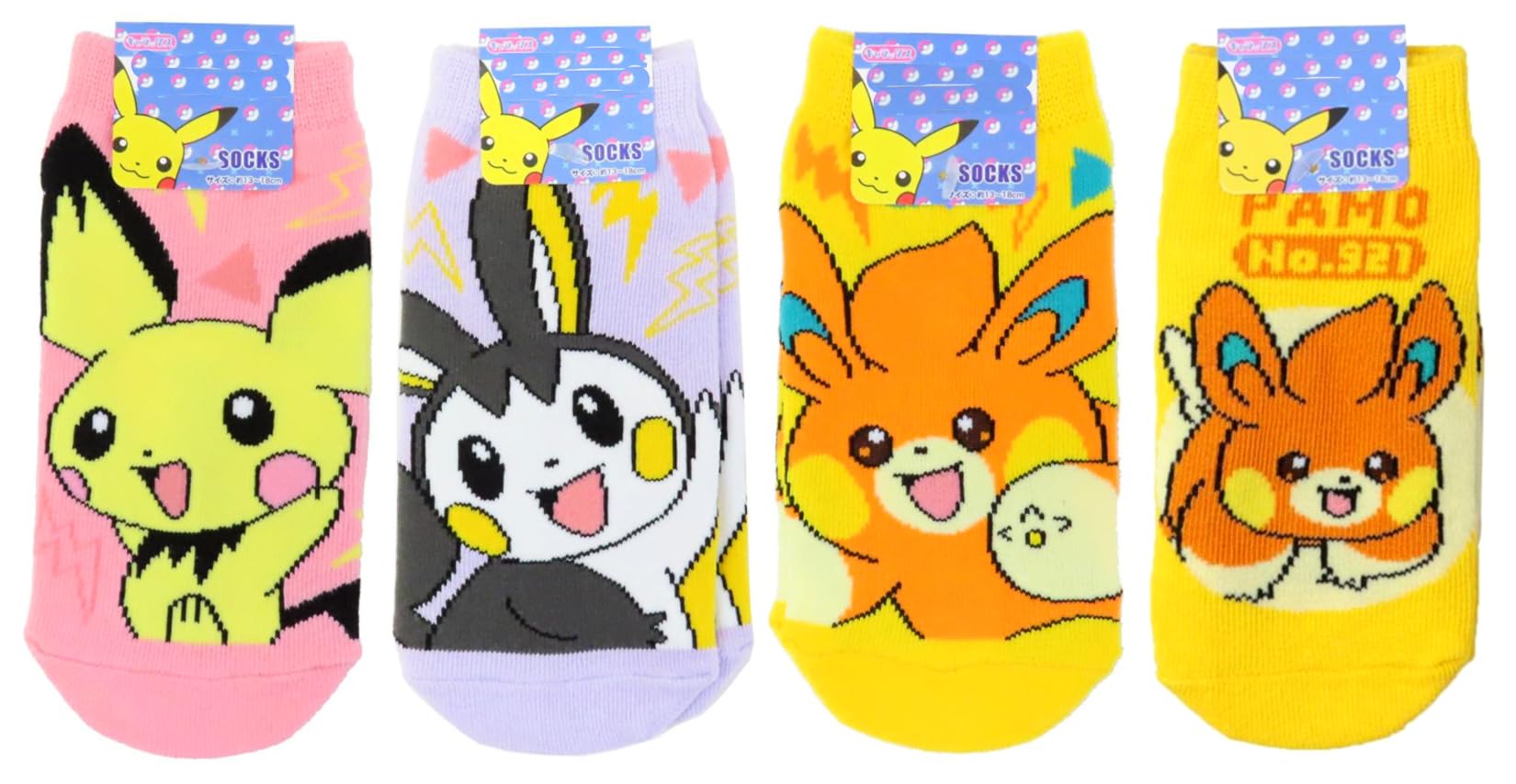 

Набор детских носков Pokemon, 4 узора: Пичу розовый, Эмолга фиолетовый, Памо желтый, Памо Маленькая планета (Электрический логотип)