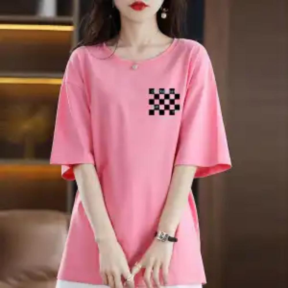 

Модная летняя тонкая футболка в клетку для женщин, высокое качество, короткий рукав, O-образный вырез, удлиненная версия, повседневный хлопковый женский топ XXXL розовый