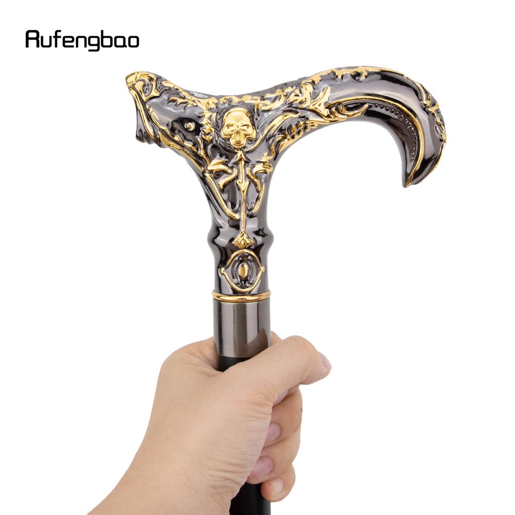 Golden Black Skull Flower Head Walking Cane Fashion Decorative Walking Stick Gentleman Elegant Cosplay Cane Knob Crosier 93cm