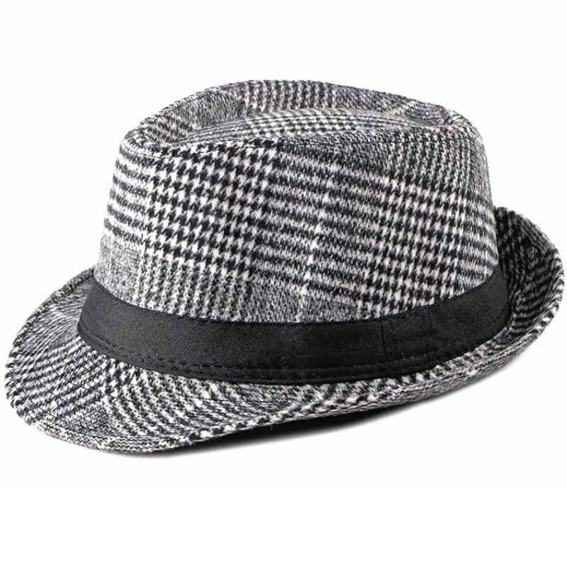 HT2203 Autumn Winter Wool Hats Men Women Plaid Trilby Hats with Band Vintage Retro Men Fedora Hats Male Derby Jazz Hats Fedoras