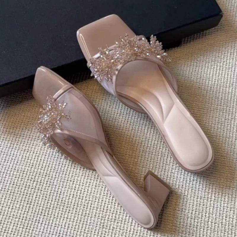 Fashion Square Toe Mesh Beautiful Slippers for Women Summer Outside Wear with Skirt New Rhinestone Flower Block Heel High Heels