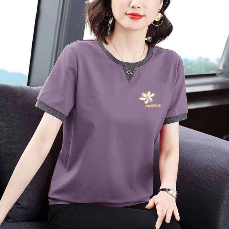 Loose-Fitting Pure Cotton Short Sleeves T-shirt Female 2024 New Arrival Summer Tops Middle-Aged and Elderly Plus Size Trendy Half Sleeve Small Shirt