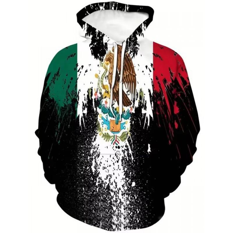 Unisex Hooded Sweatshirt With 3D Digital Print Mexican Flag Emblem Fleece-Lined Winter