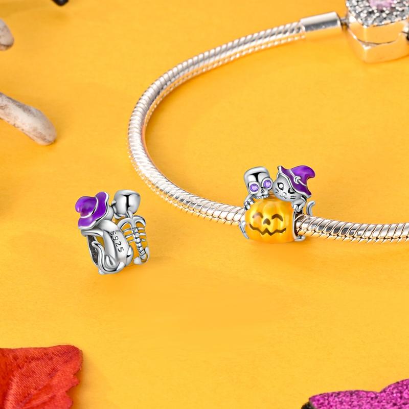 New Copper Glow-In-The-Dark Halloween Pumpkin Dangle Charm Fit Original Bracelet Spooky Skull Charm Bead Jewelry Gift