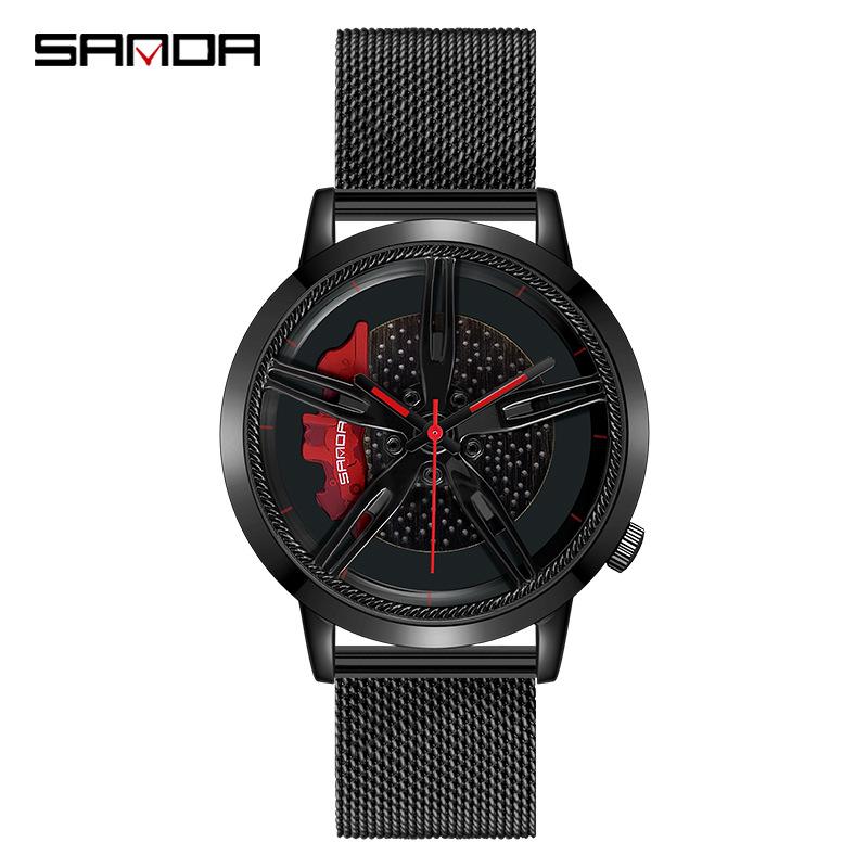 Sanda Men's Fashion Quartz Watch, Mesh Strap, Waterproof, Outdoor Casual, Hollow Wheel Dial.