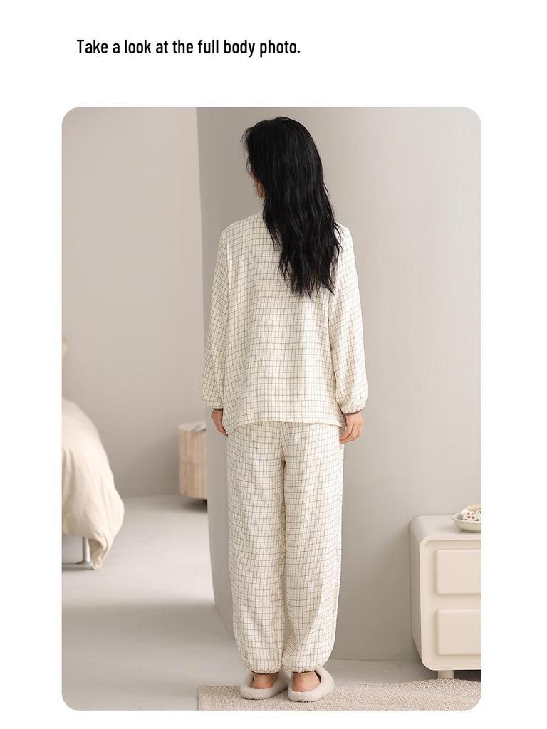 Women's Long-Sleeve Round Neck Pajama Set with Bra Pads, Wearable Outside, Cloud Cotton Loungewear