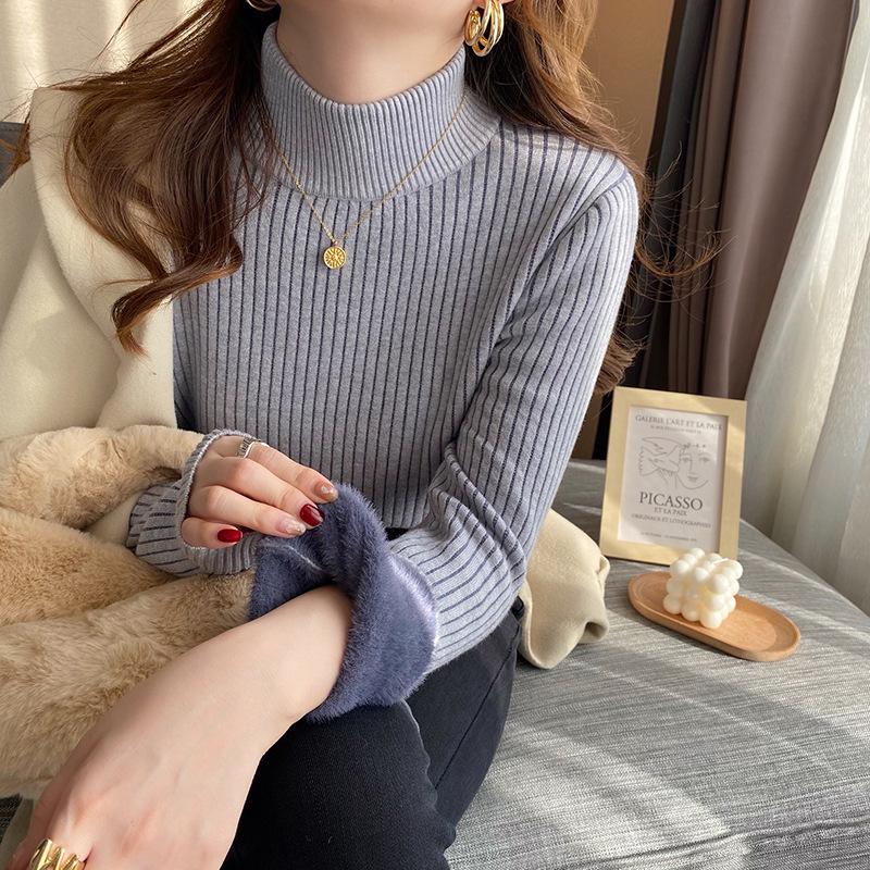 Thickened Semi High Neck Sweater with Fleece Pullover for Autumn and Winter To Keep Warm Knitted Sweater with Integrated Fleece Long Sleeved Sweater