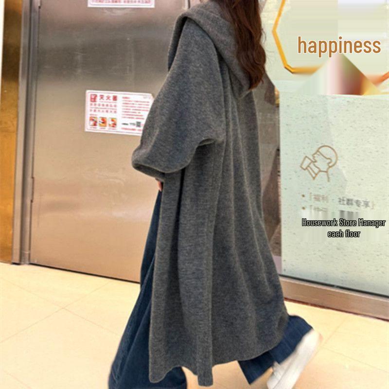 Korean Oversized Hooded Knit Cardigan - Long, Thick, Over-the-Knee Sweater for Autumn/Winter