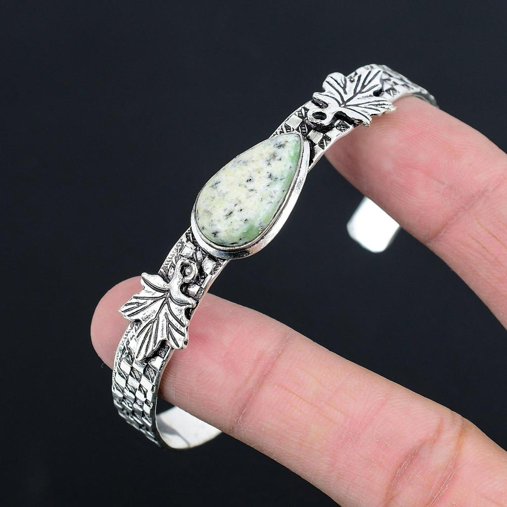Birthday Gift For Her Natural K2 Jasper Bangle Leaf Adjustable 925 Silver