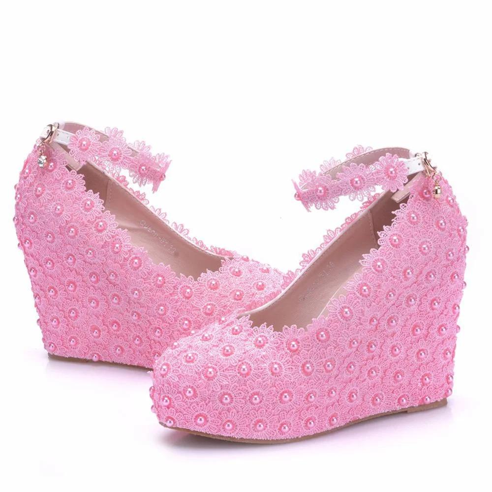 Fashion White Flower Wedding Shoes Lace Pearl High Heels Sweet Bride Dress Shoes Beading Wedges Shoes 11 CM Women Pumps