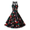 Fashion Style New Arrival Retro Hepburn Style Halterneck Christmas Print Shoelace Cinched Sleeveless Large Swing Dress Belt