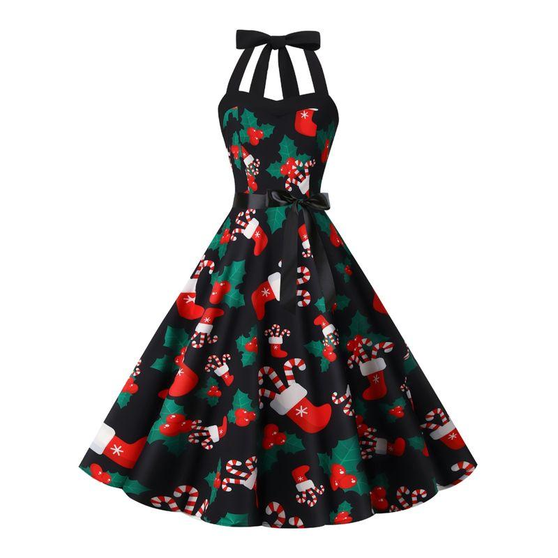 Fashion Style New Arrival Retro Hepburn Style Halterneck Christmas Print Shoelace Cinched Sleeveless Large Swing Dress Belt