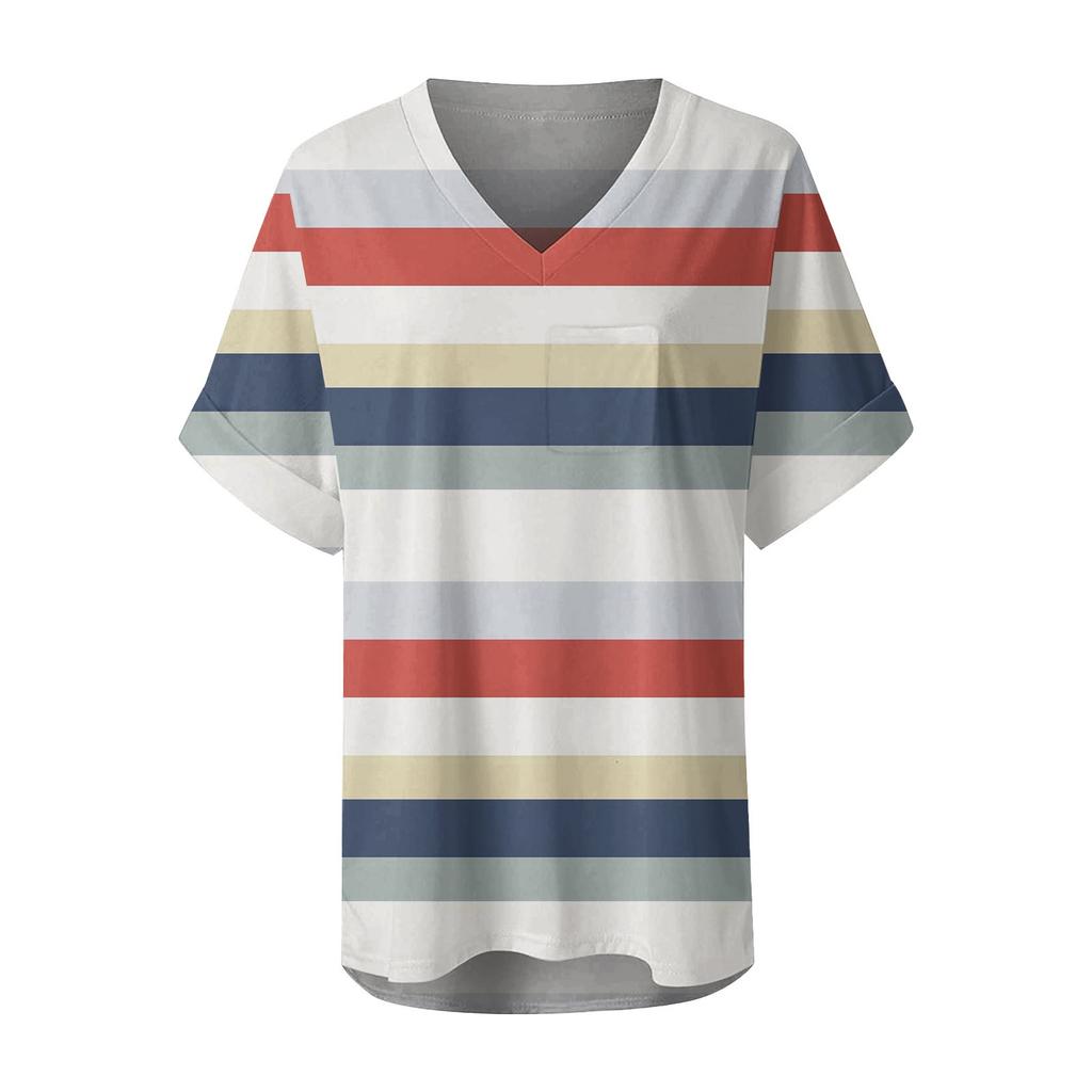 Fashion Top Pocket V-Neck Short Sleeve Striped Print T-Shirt Top