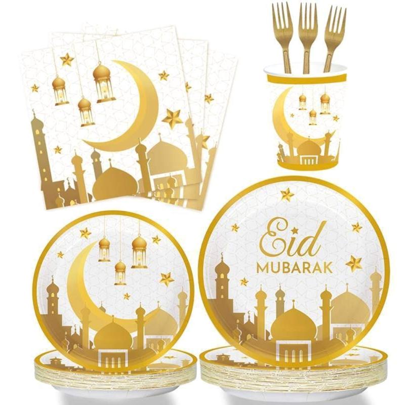 Elegant Disposable Dinnerware Set for 8 Guests Plates Cups and Napkins for Muslims Eid Festival Festive Celebration