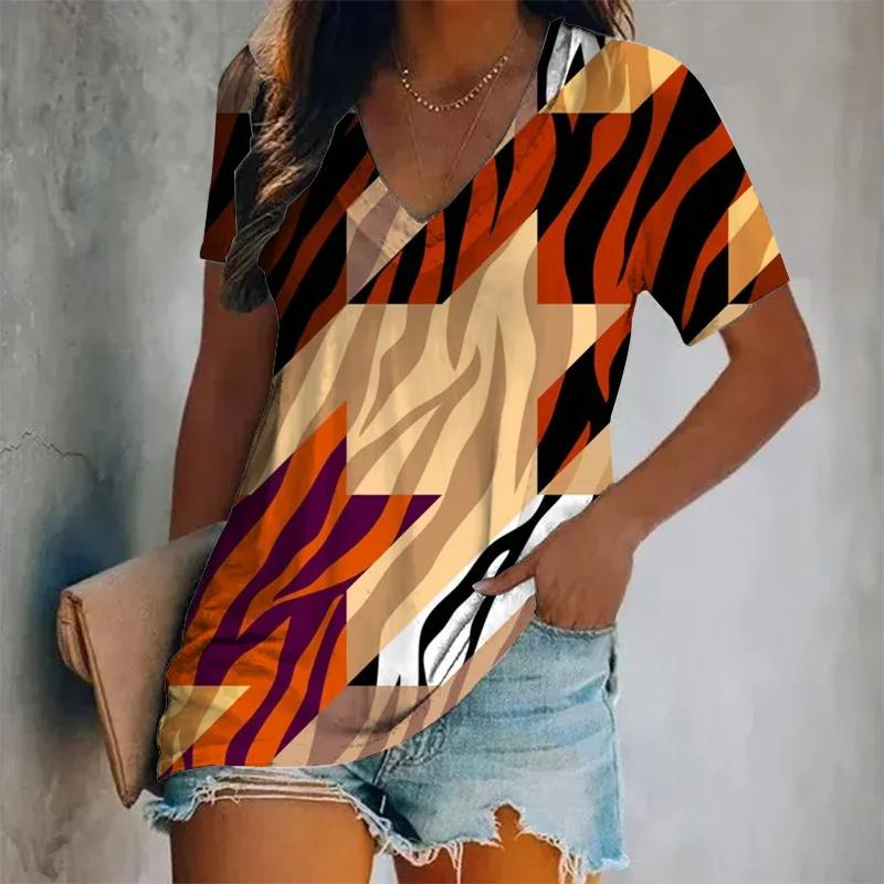 New Summer Women Vintage T-shirt Leopard Print V-Neck Tops Tees Female Fashion Short Sleeve Clothing Ladies Daily Casual Outfit