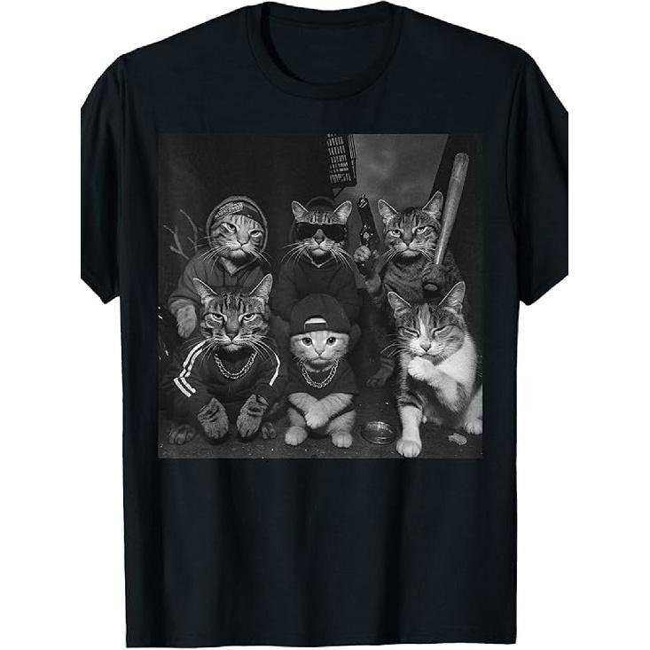 Funny Cat Trio Gangster Thug T-Shirt | Casual Crew Neck, Slight Stretch Fabric, Regular Fit, Print Pattern, Perfect for Men S чёрный