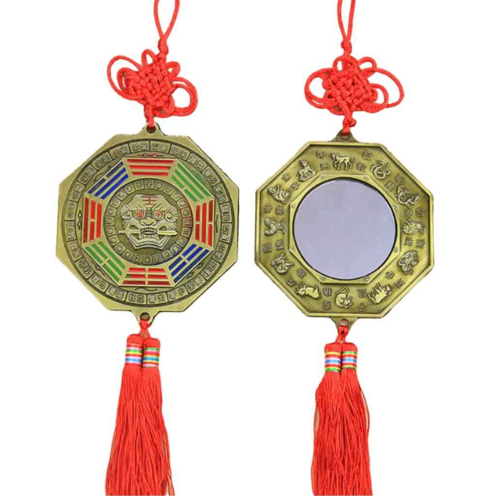 Fengshui Bagua Mirror Ornament for Home or Car Decors with Lion Biting Swords and Chinese Knots Tassels Pendant Charm