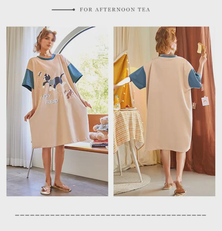 Süßes Sommernachthemd aus Baumwolle mit Cartoon-Motiv für Damen – Kurzarm, lockere Passform, koreanischer Stil, mittellanger Rock