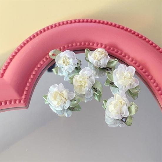 4Pcs Girl Hairpin Hand-Sewn Fabric Flowers Hair Clip with Green Leaves Side Clips Hair Accessories Spring Wear