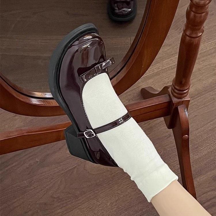 Thick Heel Mary Jane Small Leather Shoes New Spring Round Head Bow Shallow Mouth Japanese Jk High Heel Single Shoes