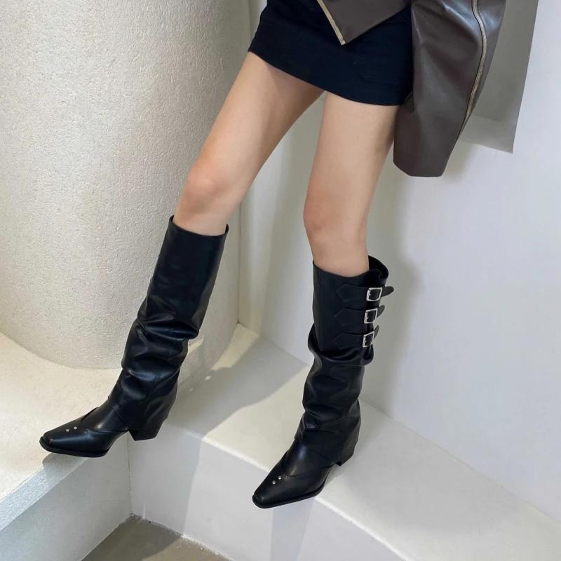 New Winter Two-wear Square Heel High Pointed Belt Buckle Trouser Boots Detachable Casual Slimming Fashion Boots for Women