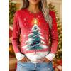 Women's Vintage Christmas Tree Print Long Sleeve T-shirt, Holiday Gift Crew Neck, Festive Party Top