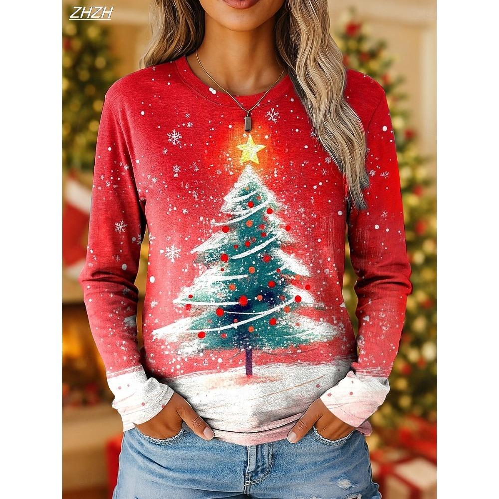 Women's Vintage Christmas Tree Print Long Sleeve T-shirt, Holiday Gift Crew Neck, Festive Party Top
