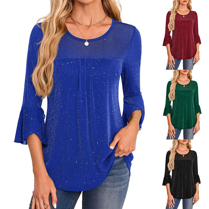 

Summer pleated flared sleeve round neck mesh cropped shirt women XXL чорний