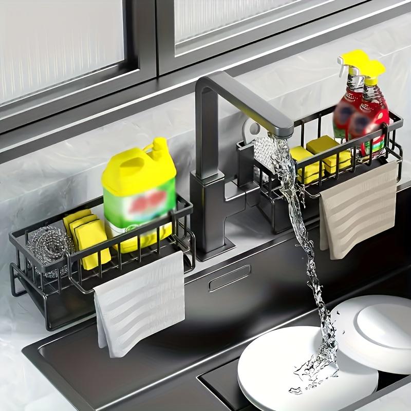 1pc Multifunctional Waterproof Plastic Sink Organizer Space-Saving Storage for Sponges, Brushes, Towels - Durable Black Plastic Design