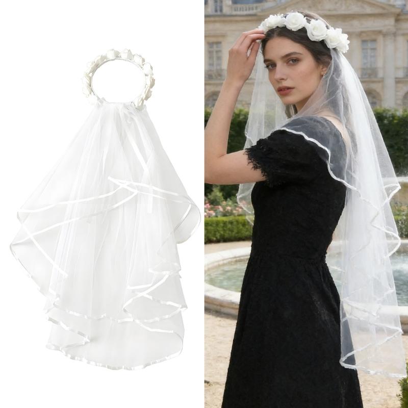 Elegant Double Layer White Veil Flower Crowns Parties Garlands For Brides Wedding Party And Special Event