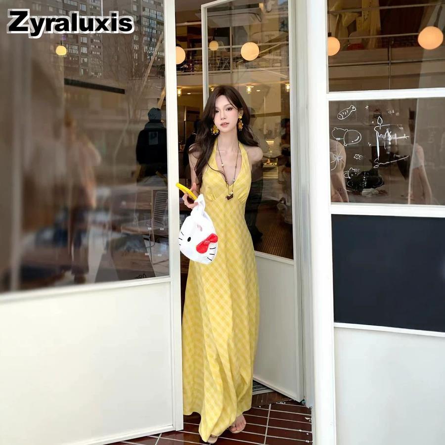 Romantic French V-Neck Vest Dress for Women, Trendy Thai Hainan Sanya Beach Summer Vacation Style Maxi Dress