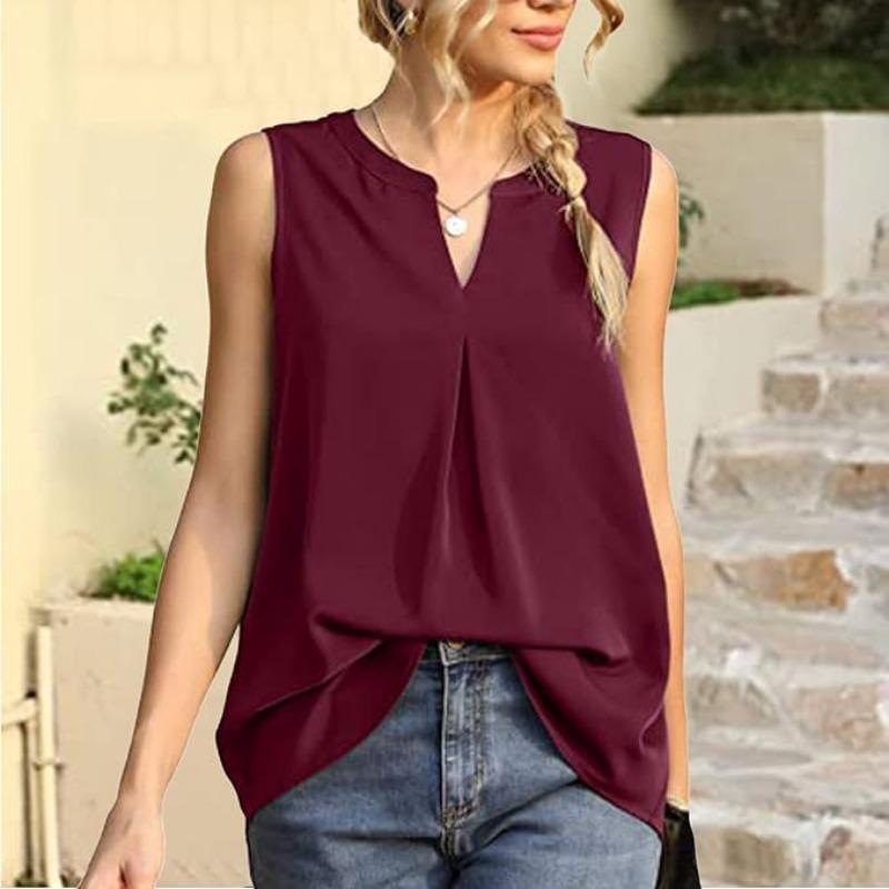 Women's Fashion Casual Summer Spring Solid Color Print Sleeveless V-Neck Blouses & Shirts