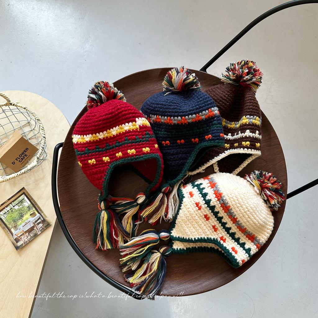 Children's Niche Vintage Machine Embroidered Lei Feng Hat Unisex Autumn Winter Warm Ear-Protecting Tassel Acrylic Common Casual