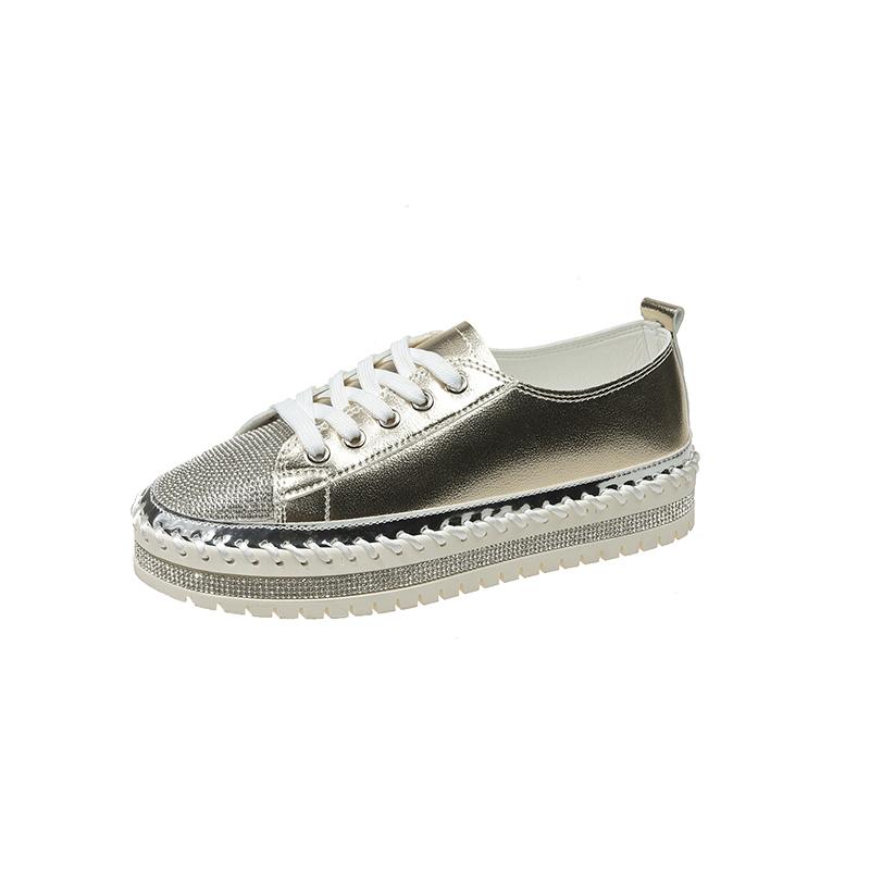Fashion Aphixta 3cm Heels Crystal Lace Up Leather Flats Shoes Women Gold Bling Loafers Shoes Woman Flat With Casual Footwear Size 45