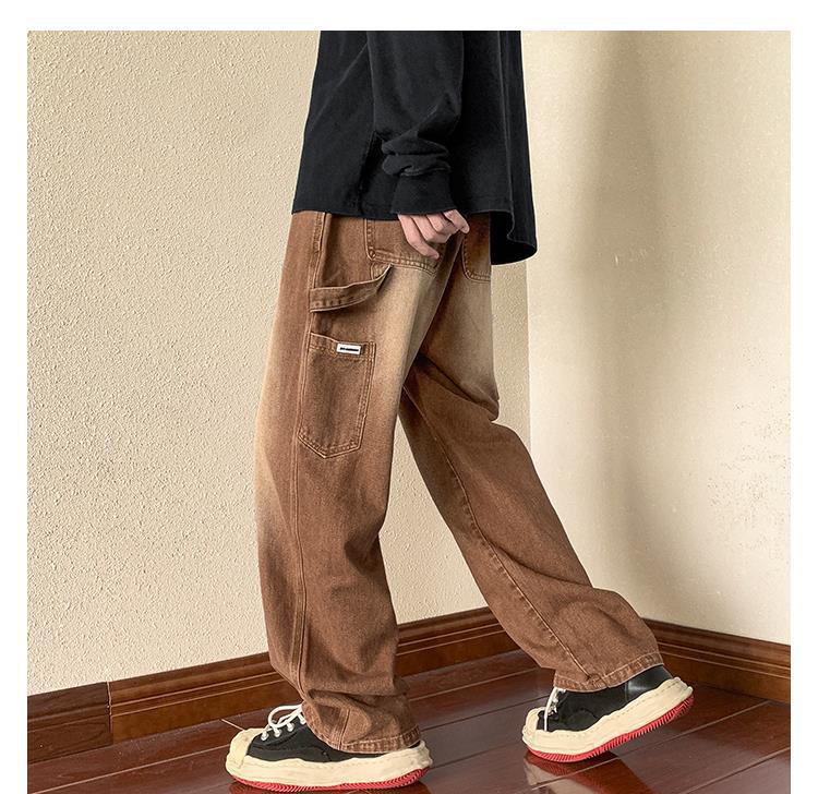 Calça jeans masculina estilo American Retro Brown Wide Leg: Macacões versáteis, folgados e de outono para as ruas da cidade