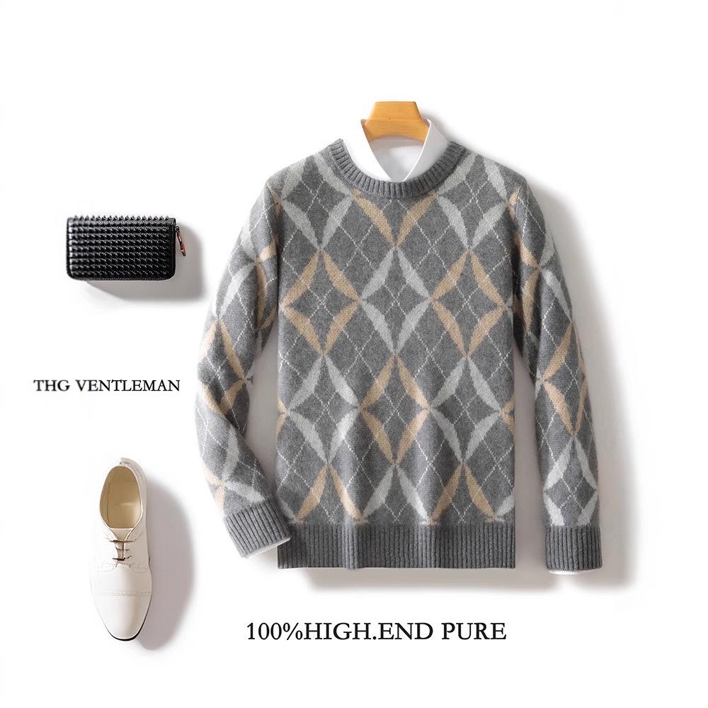Men s Retro Wool Color Block Sweater - Geometric Patchwork, Thick Knit, Round Neck, Autumn/Winter XXL