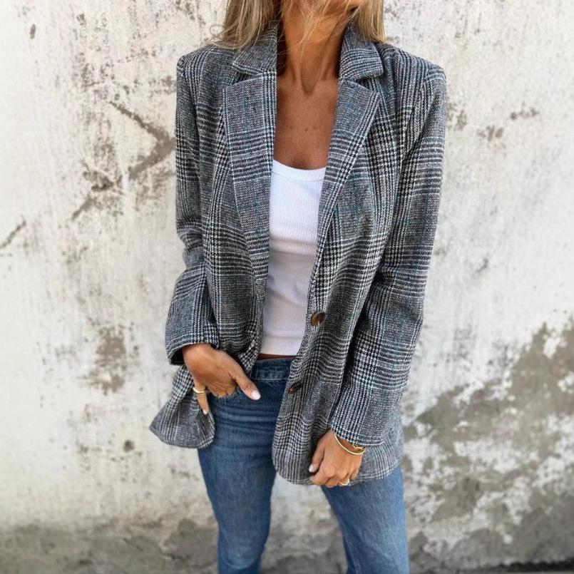 Women's Houndstooth Plaid Lapel Collar Long Sleeve Open Front Pocket Loose Fit Blazer Casual Suit Jacket