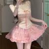 Womens Sweet Heavy-duty 2 Piece Set Floral Corset Crop Top Flared Mini Skirt 2025