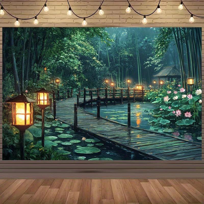 1pc Harmonious bamboo forest lanterns and water lily background - peaceful nature photography polyester birthday party