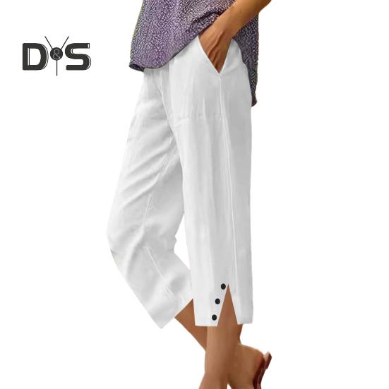 Women Cropped Pants Elastic Waist Wide Leg Beach Pants with Pockets Solid Color Casual Loose Fit Pants