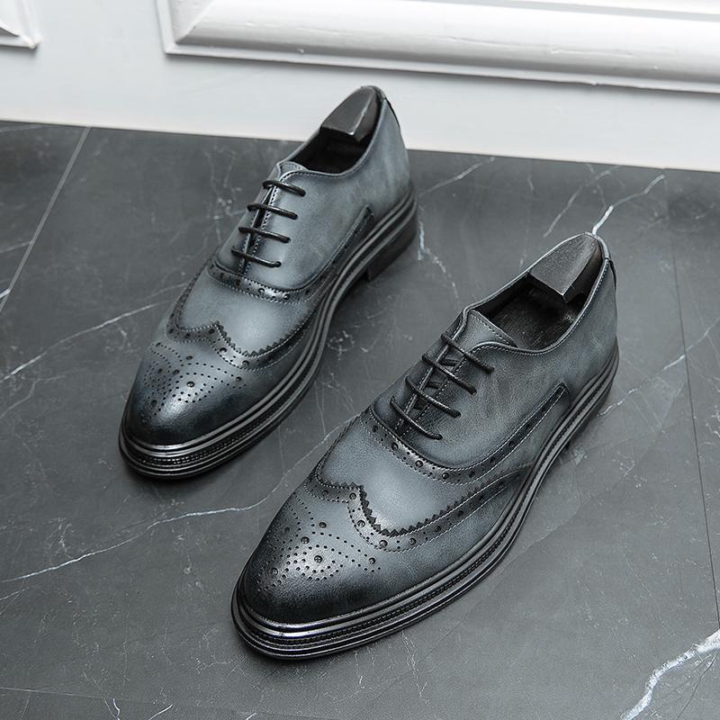 New Men British Business Casual Shoes Genuine Leather Block Lace Up Pointed Leather Shoe Brogue Carved Patterns Men Formal Shoes